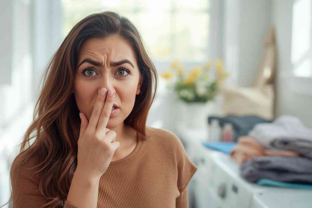 donna si tappa il naso per i cattivi odori in lavatrice