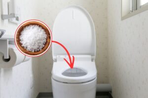 sale grosso e freccia che indica un wc bianco